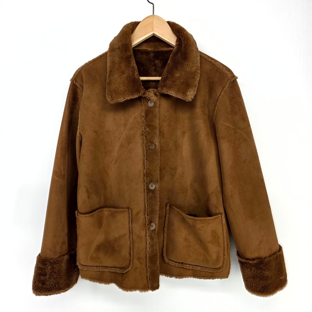 Brandon Thomas Jacket Womens S Brown Faux Suede Fur Trim Shearling Style Coat